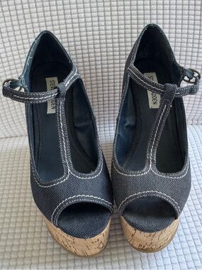 Steve Madden Black Canvas T-Strap Cork Platform Sandals